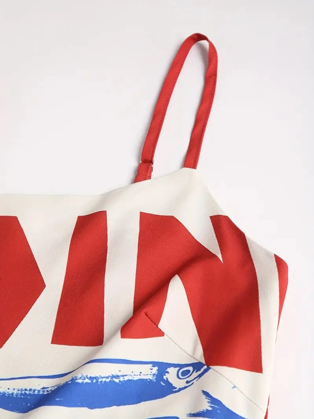 Graphic Spaghetti-Strap Midi Dress in White, Red & Blue - Picture 6 of 7